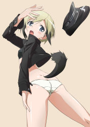 Rule 34 | 1girl, animal ears, ass, black hair, blonde hair, blue eyes, blush, breasts, butt crack, dog tail, covered erect nipples, erica hartmann, from behind, hat, highres, jacket, looking back, military, military uniform, multicolored hair, open mouth, panties, peaked cap, short hair, small breasts, solo, strike witches, tail, two-tone hair, underwear, uniform, white panties, wind, world witches series, yamamoto shuuhei