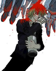 Rule 34 | 1boy, bad id, bad pixiv id, black footwear, black jacket, black necktie, black pants, black suit, blonde hair, blood, blood in hair, blood on clothes, blood on face, blood on feet, blood on leg, bloody tears, chain, collared shirt, corpse, cowboy shot, earrings, eyeball, formal, hand up, hanging, highres, holding, hunter x hunter, jacket, jewelry, kurapika, long sleeves, looking to the side, male focus, multiple rings, necktie, netetsu (yyrf3o), one eye covered, pants, red eyes, ring, shirt, shoes, short hair, simple background, solo focus, suit, tube, weapon, white background, white shirt, wiping face