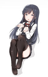 Rule 34 | 10s, 1girl, asashio (kancolle), belt, black hair, black thighhighs, blue eyes, blush, buttons, dress, full body, highres, kantai collection, kefir, long hair, long sleeves, looking at viewer, lying, mitsudoue, on back, pinafore dress, saliva, school uniform, shirt, sleeveless, sleeveless dress, solo, suggestive fluid, tears, thighhighs, thighs, white shirt