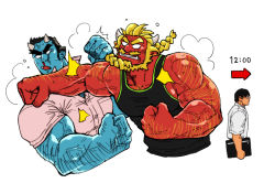 Rule 34 | 3boys, bara, bare arms, beard, black eyes, black hair, black tank top, blonde hair, blood, blue oni, blue oni (chijimetaro), blue skin, chijimetaro, colored skin, cropped torso, facial hair, fighting, giant, giant male, hairy, horns, large pectorals, lucky student (chijimetaro), male focus, mini person, miniboy, multiple boys, muscular, nosebleed, oni, oni horns, original, pectorals, pointy ears, punching, red oni, red oni (chijimetaro), red skin, shirt, short hair, size difference, tank top, timestamp, white shirt