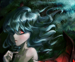 Rule 34 | 1girl, bare shoulders, bat wings, crazy eyes, curly hair, female focus, light rays, looking at viewer, red eyes, remilia scarlet, silver hair, solo, touhou, upper body, vampire, wings