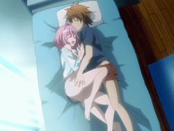 Rule 34 | 10s, 1boy, 1girl, animated, animated gif, bare shoulders, barefoot, bed, bedroom, demon tail, legs, lowres, momo velia deviluke, panties, pink hair, sexually suggestive, shirt, source request, tail, to love-ru, to love-ru darkness, underwear, window, yuuki rito