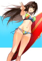 Rule 34 | 1girl, absurdres, aozaki aoko, bikini, blue eyes, blush, breasts, brown hair, cleavage, commentary, english commentary, floating hair, hair intakes, highres, holding, holding surfboard, large breasts, long hair, looking at viewer, mahou tsukai no yoru, multicolored bikini, multicolored clothes, navel, official alternate costume, open mouth, smile, solo, stomach, surfboard, swimsuit, teeth, upper teeth only, v, yotsutsu428