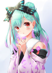 Rule 34 | 1girl, absurdres, alternate costume, alternate hairstyle, blush, bow, butter, commentary request, earrings, food, green hair, hair bow, hair bun, heavy breathing, highres, hololive, japanese clothes, jewelry, kimono, looking at viewer, own hands clasped, own hands together, portrait, red eyes, simple background, single side bun, solo, steepled fingers, uruha rushia, uruha rushia (new year), virtual youtuber, yukikawa sara