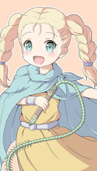 Rule 34 | 1girl, :d, bianca (dq5), blonde hair, blush, braid, brown background, cape, child, dragon quest, dragon quest v, dress, green cape, green eyes, hair tie, holding, holding whip, looking at viewer, nekono rin, open mouth, outstretched arm, simple background, sleeveless, sleeveless dress, smile, solo, tareme, twin braids, twintails, whip, yellow dress, aged down