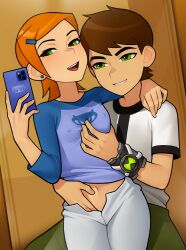 Rule 34 | 1boy, 1girl, arm around neck, ben 10, ben tennyson, biting, breasts, brown hair, cellphone, clothes lift, cousins, covered erect nipples, ear piercing, earrings, grabbing, grabbing another&#039;s breast, grabbing from behind, green eyes, green hair, gwen tennyson, hair ornament, hairclip, hand under clothes, hetero, highres, holding, holding phone, hug, hug from behind, incest, jewelry, legs together, lip biting, loodncrood, looking at viewer, navel, omnitrix, open mouth, orange hair, pants, phone, piercing, raglan sleeves, shirt lift, short hair, small breasts, smartphone, smile, stud earrings, teeth, unbuttoned pants, upper body, watch, white pants, wristwatch