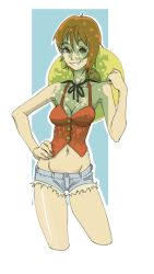 Rule 34 | 1girl, alternate costume, bare legs, breasts, hand on own hip, hat, highres, nami (one piece), one piece, orange hair, shadow, short hair, shorts, smile, solo, zel