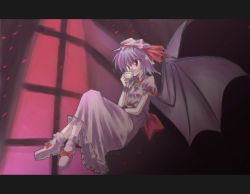 Rule 34 | 1girl, bat wings, blue hair, cup, female focus, hat, letterboxed, red eyes, remilia scarlet, ribbon, short hair, solo, teacup, touhou, wings, wrist cuffs