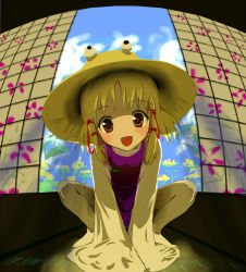 Rule 34 | 1girl, :d, blonde hair, brown eyes, face, female focus, fisheye, foreshortening, full body, happy, hat, indoors, looking at viewer, moriya suwako, nature, open mouth, plant, short hair, sky, smile, solo, squatting, thighhighs, touhou, white thighhighs, whitesqace, yellow eyes