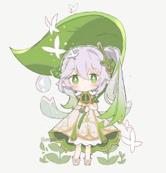 Rule 34 | 1girl, blush, bracelet, bug, butterfly, chibi, cross-shaped pupils, detached sleeves, dress, genshin impact, gradient hair, green eyes, green hair, grey background, grey hair, hair ornament, holding, holding leaf, insect, jewelry, leaf, leaf umbrella, long hair, looking at viewer, melanbread, multicolored hair, nahida (genshin impact), plant, pointy ears, side ponytail, simple background, symbol-shaped pupils, toeless footwear, water drop, watermark