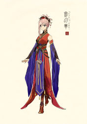 Rule 34 | 1girl, bare shoulders, beige background, boots, chinese clothes, closed mouth, detached sleeves, fate (series), full body, hair ornament, hair stick, hanfu, highres, long sleeves, looking at viewer, miyamoto musashi (fate), pink hair, purple eyes, red footwear, robe, sash, see-through, simple background, smile, solo, standing, standing on one leg, topknot, wide sleeves, zerocastle