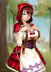Rule 34 | 1girl, ;), ;p, absurdres, animal hood, apron, aqua eyes, artist name, artist request, black corset, blue eyes, blue sky, blush, bow, braid, branch, breasts, brown hair, capelet, cleavage, cloud, collarbone, corset, cross-laced clothes, cross-laced dress, day, detached sleeves, dress, dress bow, emma verde, female focus, flower, flower print, freckles, frilled skirt, frills, hair between eyes, hair bow, hair over shoulder, hair tie, hand on own chest, highres, hood, hood up, hoodie, innocent little red riding hood (love live!), jewelry, long hair, looking at viewer, love live!, love live! nijigasaki high school idol club, love live! school idol festival, love live! school idol festival all stars, medium breasts, miniskirt, necklace, one eye closed, outdoors, parted lips, pearl necklace, plaid, plaid dress, plaid skirt, pleated, pleated dress, pleated skirt, puffy short sleeves, puffy sleeves, red bow, red capelet, red dress, red hair, red hood, little red riding hood (grimm), red skirt, short sleeves, skirt, sky, smile, solo, striped, sunlight, tongue, tongue out, tree, twin braids, twintails, white apron, white bow, white dress, white flower, wink