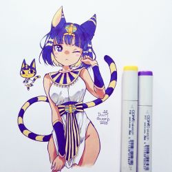 Rule 34 | 1girl, :&lt;, animal crossing, animal ears, ankha (animal crossing), artist name, bare hips, bare shoulders, blonde hair, blue eyes, blunt bangs, blush stickers, bob cut, bow, bracer, breasts, bright pupils, cat ears, cat girl, cat tail, chibi, chibi inset, closed mouth, cowboy shot, cropped legs, dress, grey background, groin, hand up, highres, humanization, ibi chuan, looking at viewer, marker (medium), medium breasts, multicolored hair, multiple views, nintendo, sash, short dress, simple background, sleeveless, sleeveless dress, striped, striped bow, tail, traditional media, two-tone hair, v-shaped eyebrows, white dress