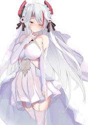 Rule 34 | 1girl, absurdres, antenna hair, azur lane, bare shoulders, blush, breasts, bridal gauntlets, bridal veil, brown eyes, cleavage, closed mouth, collarbone, dress, elbow gloves, floating hair, garter straps, gloves, headgear, highres, large breasts, long hair, looking at viewer, multicolored hair, nephthys2356, one eye closed, prinz eugen (azur lane), prinz eugen (symphonic fate) (azur lane), red hair, silver hair, simple background, smile, solo, streaked hair, thighhighs, two side up, veil, very long hair, wedding dress, white background, white dress, white gloves, white thighhighs