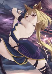 Rule 34 | 1girl, ahoge, animal ears, armpits, back, blonde hair, breasts, brown eyes, cloud, cloudy sky, extra ears, eyelashes, female focus, floating hair, highres, holding, holding sword, holding weapon, lightning, long hair, looking at viewer, midriff, navel, open mouth, original, raimeso235, raised eyebrows, red eyes, revealing clothes, sky, small breasts, solo, stomach, sword, tagme, teeth, thighs, thunder, weapon