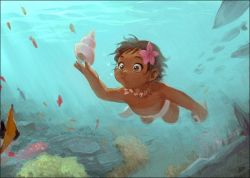 Rule 34 | 1girl, air bubble, brown eyes, brown hair, bubble, child, commentary request, dark skin, day, disney, fish, floating hair, flower, hair flower, hair ornament, holding breath, jewelry, light rays, looking away, masso, moana (movie), moana waialiki, necklace, ocean, outstretched hand, pink flower, rock, seashell, shell, short hair, submerged, topless, underwater, water, wide-eyed