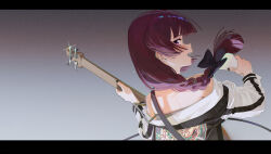 Rule 34 | 1girl, bad id, bad twitter id, bass guitar, black bow, black jacket, black nails, blunt bangs, bocchi the rock!, bomber jacket, bow, braid, earrings, eggplus, from behind, gradient background, hair bow, highres, hiroi kikuri, holding, holding instrument, instrument, jacket, jewelry, long hair, long sleeves, looking at viewer, music, nail polish, open mouth, playing instrument, purple eyes, purple hair, single braid, solo, standing, upper body, white jacket