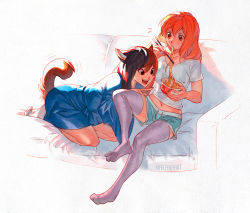 Rule 34 | 2girls, :d, ^^^, all fours, animal ears, artist name, black legwear, blue shorts, breasts, brown hair, cat ears, cat tail, chopsticks, collarbone, commentary, couch, cup ramen, eating, food, freckles, full body, hair between eyes, long hair, looking at another, medium breasts, midriff, multiple girls, nana nakano, navel, no shoes, noodles, open mouth, orange hair, original, pointing, ramen, robe, shirt, short shorts, short sleeves, shorts, sitting, smile, tail, thighhighs, white legwear, white shirt