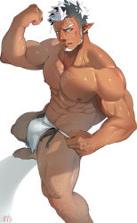 Rule 34 | 1boy, abs, absurdres, bad id, bad pixiv id, bara, beard, biceps, brown hair, bulge, chest hair, dark-skinned male, dark skin, facial hair, flexing, foot out of frame, goatee, hairy, hidora art, highres, large pectorals, leg hair, loincloth, long sideburns, looking at viewer, male focus, male underwear, male underwear pull, mature male, multicolored hair, muscular, muscular male, navel, navel hair, nipples, no tattoo, pectorals, pelvic curtain, pointy ears, pulling own clothes, short hair, sideburns, solo, spiked hair, stomach, tangaroa (housamo), thick thighs, thighs, tokyo houkago summoners, two-tone hair, underwear, veins, white hair, white male underwear, yellow eyes