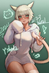 Rule 34 | 1girl, alternate eye color, animal ears, artist name, blush, cat ears, cat girl, cat tail, character name, dark-skinned female, dark skin, dated, facial mark, final fantasy, final fantasy xiv, gradient background, green background, green eyes, hairtail, highres, hood, hoodie, long sleeves, looking at viewer, miqo&#039;te, neck tattoo, panties, parted lips, shiny skin, signature, simple background, slit pupils, smile, solo, tail, tattoo, thighhighs, thighs, underwear, upper body, whisker markings, white hair, white hoodie, white panties, white thighhighs, y&#039;shtola rhul