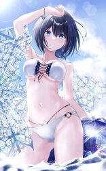 Rule 34 | 1girl, arm up, bare arms, bikini, black hair, blue eyes, blue sky, blush, bracelet, commentary request, day, grin, hair between eyes, highres, innertube, jewelry, lens flare, looking at viewer, meen (ouaughikepdvrsf), o-ring, ocean, open mouth, original, partially submerged, photoshop (medium), short hair, sky, smile, solo, standing, swim ring, swimsuit, underwear, white bikini