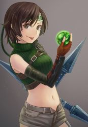 1girl, brown background, brown eyes, brown hair, brown shorts, commentary, cowboy shot, cropped sweater, final fantasy, final fantasy vii, final fantasy vii remake, fingerless gloves, gloves, gradient, gradient background, headband, highres, holding, holding weapon, huge weapon, kaeru (csit24), looking at viewer, materia, midriff, navel, open fly, ribbed sweater, short hair, shorts, shuriken, sleeveless, sleeveless turtleneck, solo, sweater, tongue, tongue out, turtleneck, turtleneck sweater, weapon, yuffie kisaragi