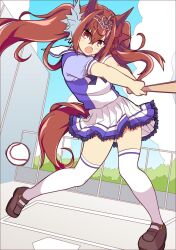 Rule 34 | 1girl, animal ears, baseball, baseball bat, blue sky, brown footwear, cloud, cloudy sky, commentary request, daiwa scarlet (umamusume), highres, horse ears, horse girl, horse tail, loafers, looking at viewer, outdoors, petticoat, pleated skirt, purple shirt, red eyes, red hair, school uniform, shirt, shoes, skirt, sky, solo, summer uniform, swinging, tail, thighhighs, tiara, tracen school uniform, umamusume, wahiko (black bastard), white skirt, white thighhighs