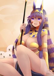 Rule 34 | 1girl, :d, arano oki, arm support, armlet, bare legs, blonde hair, blush, bracelet, breasts, cleavage, dark-skinned female, dark skin, earrings, egyptian, egyptian clothes, facial mark, fate/grand order, fate (series), graphite (medium), hairband, holding, holding staff, hoop earrings, jewelry, large breasts, long hair, looking at viewer, medjed (fate), multicolored hair, nitocris (fate), nitocris (third ascension) (fate), open mouth, pelvic curtain, purple eyes, purple hair, revealing clothes, sidelocks, sitting, smile, solo, staff, traditional media, two-tone hair, underboob, very long hair