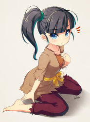 Rule 34 | 1girl, barefoot, black hair, blue eyes, blueberry (5959), dragon quest, dragon quest builders, hand on own chest, highres, image sample, kneeling, pirin, ponytail, solo