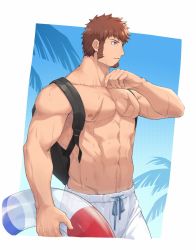 Rule 34 | 00047, 1boy, abs, alternate costume, alternate hairstyle, backpack, bag, bara, blue eyes, brown hair, cowboy shot, facial hair, fate/grand order, fate (series), from side, goatee, highres, innertube, large pectorals, lifebuoy, long sideburns, male focus, manly, messy hair, muscular, napoleon bonaparte (fate), navel, nipples, outdoors, palm tree, pectorals, scar, sideburns, simple background, sky, solo, summer, sweat, swim ring, swimsuit, toned, toned male, topless male, transparent, tree, wet