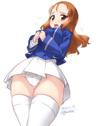 Rule 34 | 1girl, bc freedom military uniform, blouse, blush, brown eyes, brown hair, cameltoe, dated, frown, girls und panzer, high collar, highres, isabe (girls und panzer), kuzuryuu kennosuke, looking at viewer, looking down, military, military uniform, miniskirt, one-hour drawing challenge, open mouth, panties, shirt, simple background, skindentation, skirt, solo, thighhighs, thighs, underwear, uniform, white background, white panties, white shirt, white thighhighs