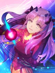 Rule 34 | 1girl, blue hair, bodysuit, breasts, cloak, crescent, crescent facial mark, facial mark, fate/grand order, fate (series), forehead mark, fur-trimmed cloak, fur trim, hair ribbon, highres, horns, ishtar (fate), long hair, looking at viewer, medium breasts, multicolored hair, open mouth, orb, parted bangs, pink hair, red bodysuit, red cloak, ribbon, rokuo016, smile, space ishtar (fate), space ishtar (third ascension) (fate), symbol-shaped pupils, two-tone hair, two side up, yellow eyes