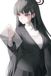 Rule 34 | 1girl, absurdres, black hair, black skirt, blue archive, breasts, bright pupils, closed mouth, commentary, english commentary, formal, ggoong (pooplambgoong22), hair ornament, hairpin, halo, highres, holding, holding tablet pc, large breasts, long hair, long sleeves, red eyes, rio (blue archive), simple background, skirt, solo, suit, sweater, tablet pc, very long hair, white background, white pupils, white sweater