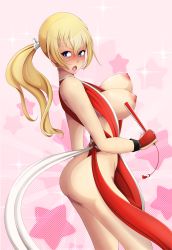 Rule 34 | 1girl, arm guards, ass, bare arms, bare back, bare hips, bare legs, blonde hair, blue eyes, blush, breasts, breasts out, commentary, cosplay, embarrassed, fatal fury, from side, genderswap, genderswap (mtf), hand fan, hip focus, japanese clothes, kimono, lalox, large areolae, large breasts, long hair, looking to the side, nipples, obi, perky breasts, ponytail, revealing clothes, rope, sash, shiranui mai, shiranui mai (cosplay), sideboob, sleeveless, snk, snk heroines: tag team frenzy, solo, sweatdrop, terry bogard, the king of fighters, thighs, tumblr