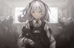 Rule 34 | 1girl, 6+boys, ar-15, bulletproof vest, closed mouth, earpiece, expressionless, gloves, gun, helmet, highres, holding, holding gun, holding weapon, lliftt, looking at viewer, masked, medium hair, multiple boys, original, rifle, shirt, silver hair, twintails, upper body, weapon, white gloves, white shirt
