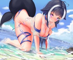 Rule 34 | 1girl, ahoge, all fours, asheng 1209, bare shoulders, beach, bikini, black hair, blue collar, blush, breast tattoo, breasts, cetacean tail, chest tattoo, cleavage, closed mouth, collar, covered erect nipples, curvy, facial tattoo, fins, fish tail, floppy ears, hanging breasts, heart, heart-shaped pupils, heart ahoge, highres, indie virtual youtuber, large breasts, leg tattoo, looking at viewer, multicolored hair, ocean, orca, orca girl, purple eyes, see-through, see-through shirt, shylily, sidelocks, sky, smile, streaked hair, swimsuit, symbol-shaped pupils, tail, tattoo, thick thighs, thigh strap, thighs, untied bikini, virtual youtuber, wet