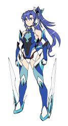 Rule 34 | 10s, 1girl, armor, armpit peek, arms at sides, bare shoulders, blue eyes, blue hair, blue thighhighs, bodysuit, boots, breasts, clenched hand, elbow gloves, faulds, flat color, full body, gloves, greaves, hair between eyes, halterneck, headgear, hip vent, kazanari tsubasa, legs apart, leotard, long hair, murakami hisashi, narrow waist, parted bangs, senki zesshou symphogear, serious, simple background, small breasts, standing, thigh boots, thighhighs, v-shaped eyebrows, white background