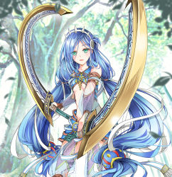Rule 34 | 1girl, :d, armor, blue hair, breasts, dana (ys), day, dual wielding, faulds, floating hair, forest, green eyes, hair between eyes, hair ribbon, highres, holding, holding weapon, kai (pixiv), long hair, nature, open mouth, outdoors, ribbon, see-through, see-through sleeves, small breasts, smile, solo, standing, twintails, underboob, very long hair, weapon, white ribbon, ys, ys viii lacrimosa of dana
