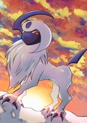 Rule 34 | absol, bright pupils, claws, cloud, commentary request, creatures (company), from below, game freak, gen 3 pokemon, looking down, nintendo, no humans, outdoors, pokemon, pokemon (creature), red eyes, sky, solo, standing, twilight, white pupils, zeroartwo