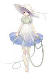 Rule 34 | 1girl, barefoot, blue eyes, dress, feet, female focus, hantoumei namako, hat, hose, simple background, solo, standing, white background