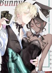 1boy 1girl alien_stage animal_ears arm_around_waist bare_shoulders black_bow black_bowtie black_choker black_leotard black_vest bow bow_choker bowtie breasts card choker cleavage collar collared_shirt colored_extremities colored_eyelashes commentary corrupted_twitter_file dark-skinned_female dark_skin detached_collar grey_eyes hair_between_eyes hair_bun highres holding holding_card hyuna_(alien_stage) knee_up large_breasts leotard long_hair_between_eyes luka_(alien_stage) male_focus male_playboy_bunny one_eye_closed playboy_bunny prosthesis prosthetic_leg rabbit_ears shirt strapless strapless_leotard symbol-only_commentary vest white_collar white_shirt x_x_(batttsu_404) yellow_eyes