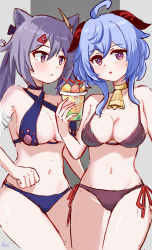 Rule 34 | 2girls, :o, absurdres, ahoge, artist name, bell, bikini, blue hair, blush, breasts, chinese commentary, closed mouth, cone hair bun, diamond-shaped pupils, diamond (shape), drink, drinking, drinking straw, ganyu (genshin impact), genshin impact, hair bun, hair ornament, highres, horns, keqing (genshin impact), long hair, looking at another, looking at viewer, multiple girls, navel, neck bell, open mouth, purple eyes, purple hair, side-tie bikini bottom, snowl127, standing, stomach, swimsuit, symbol-shaped pupils