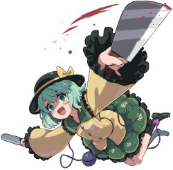 Rule 34 | 1girl, badluck2033, blood, blush, crazy smile, dual wielding, frilled shirt collar, frilled sleeves, frills, full body, green eyes, green hair, hat, holding, holding knife, knife, komeiji koishi, looking at viewer, open mouth, outstretched arms, shirt, short hair, simple background, smile, solo, spread arms, third eye, touhou, white background, yellow shirt