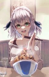 Rule 34 | + +, 1girl, bare shoulders, black tank top, blunt bangs, braid, breasts, chopsticks, drooling, food, french braid, glasses, green eyes, grey hair, gyuudon, hair ribbon, half updo, highres, holding, holding chopsticks, hololive, indoors, large breasts, looking at food, medium hair, off-shoulder sweater, off shoulder, official alternate costume, official alternate hair length, official alternate hairstyle, own hands clasped, own hands together, parted hair, pov across table, re lura, ribbed sweater, ribbon, shirogane noel, shirogane noel (casual), solo, sweater, tank top, virtual youtuber, white sweater