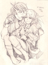 Rule 34 | 2girls, arm warmers, graphite (medium), grin, half-closed eyes, holding hands, horns, hoshiguma yuugi, kneehighs, mizuhashi parsee, monochrome, multiple girls, no shoes, pointy ears, rex k, single horn, size difference, smile, smirk, socks, touhou, traditional media