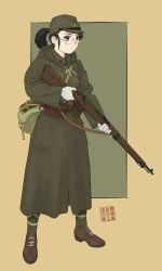 Rule 34 | 1girl, ammunition pouch, ankle boots, ankle wrap, arisaka, bag, belt, black hair, bolt action, boots, brown eyes, canteen, coat, glasses, gloves, gun, hat, highres, imperial japanese army, md5 mismatch, military, military uniform, original, ponytail, pouch, rifle, satchel, signature, sino (mechanized gallery), soldier, solo, trench coat, uniform, weapon, white gloves, winter clothes, world war ii