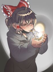 Rule 34 | 1girl, blush, bow, breasts, brown eyes, brown hair, cigarette, commentary request, cookie (touhou), ear piercing, earrings, frilled bow, frilled hair tubes, frills, grey hoodie, hair between eyes, hair bow, hair tubes, hakurei reimu, highres, hood, hood down, hoodie, jewelry, lighter, lighting cigarette, lip piercing, lip ring, maru (cookie), medium breasts, medium hair, multiple earrings, piercing, ponytail, red bow, shitsumin, smoking, solo, stud earrings, touhou, upper body