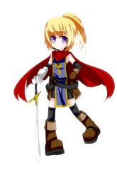 Rule 34 | blonde hair, cape, character request, noirly, ponytail, purple eyes, solo, sword, weapon