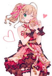 Rule 34 | 1girl, ahoge, back bow, blonde hair, bow, character request, copyright request, dress, dress bow, gift, green eyes, hair bow, hair ornament, heart, heart hair ornament, highres, holding, holding gift, lace trim, layered dress, long hair, migolu, neck ribbon, one eye closed, open mouth, pink ribbon, ponytail, red dress, red ribbon, ribbon, sato shin, sidelocks, simple background, sleeveless, sleeveless dress, solo, tareme, thigh strap, two-tone ribbon, white background, wristband