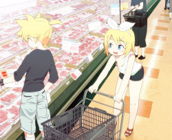 Rule 34 | 00s, 1boy, 1girl, bare legs, blonde hair, blue eyes, bow, downblouse, food, hair bow, indoors, kagamine len, kagamine rin, leaning forward, market, meat, open mouth, ribbon, sandals, shop, shopping cart, short shorts, shorts, smile, standing, supermarket, tadahama, tank top, vocaloid, white bow
